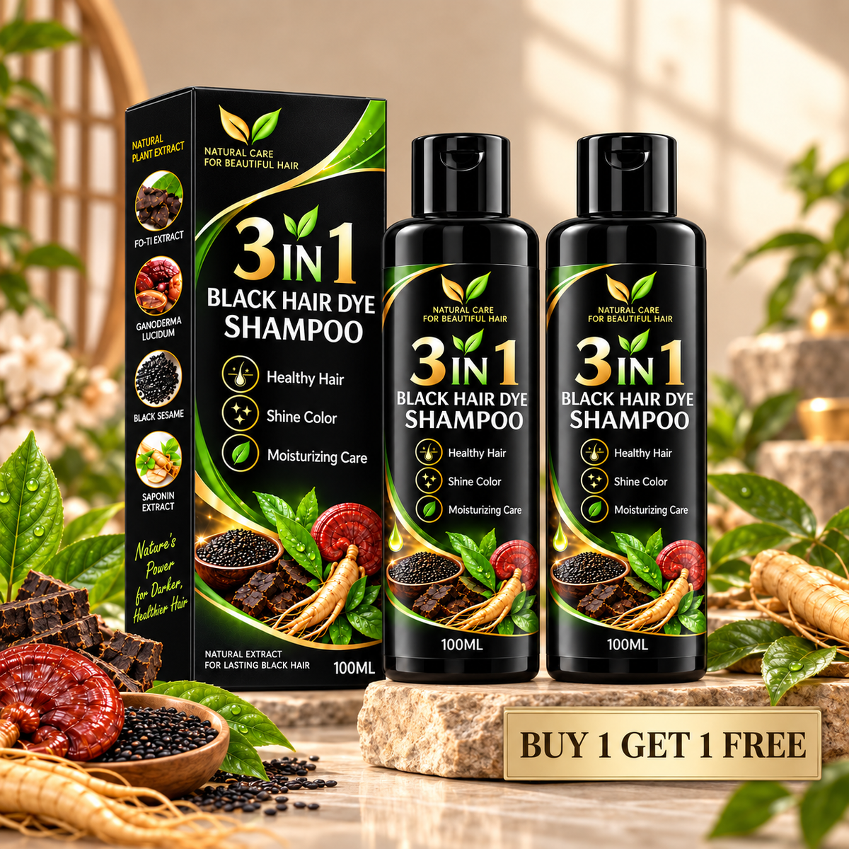 3 In 1 Black Hair Dye Shampoo (BUY 1 GET 1 FREE)