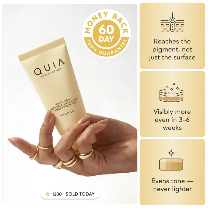 Quia Turmeric & Kojic Acid Overnight Mask Your sun spots and dark spots were never permanent as they look: kojic acid and turmeric, finally sealed on them long enough to fade, the full 8 hours you sleep.